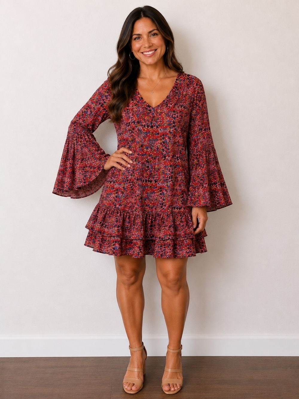 BUCKETLIST Red Floral V-Neck Ruffle-Sleeve Mini Dress